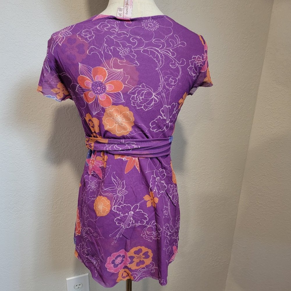Medium - Sweet Pea By Staci Frati Colorful Floral Mesh Top, Flutter Sleeve - Picture 2 of 2